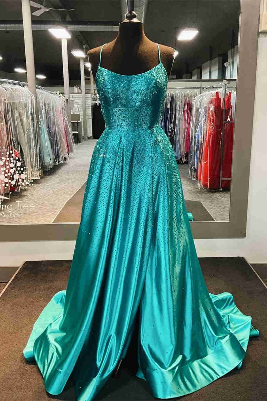 elegant lilac pocket long prom dress with beading slit evening gown