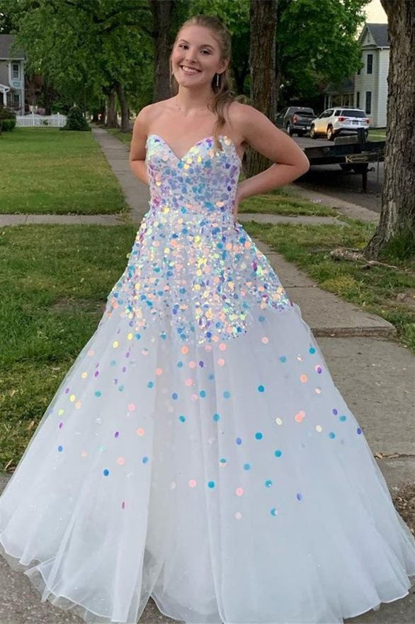 a line sweetheart white sequined long prom dress unique formal gown
