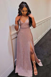 a line v neck sparkly pink long prom dress high slit evening gown