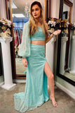 Puffy Sleeves Two Piece Sequin Prom Dress, Elegant Slit Evening Party Gown GP276
