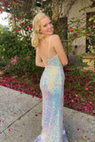 stunning spaghetti straps mermaid white sequined prom dress slit evening gown