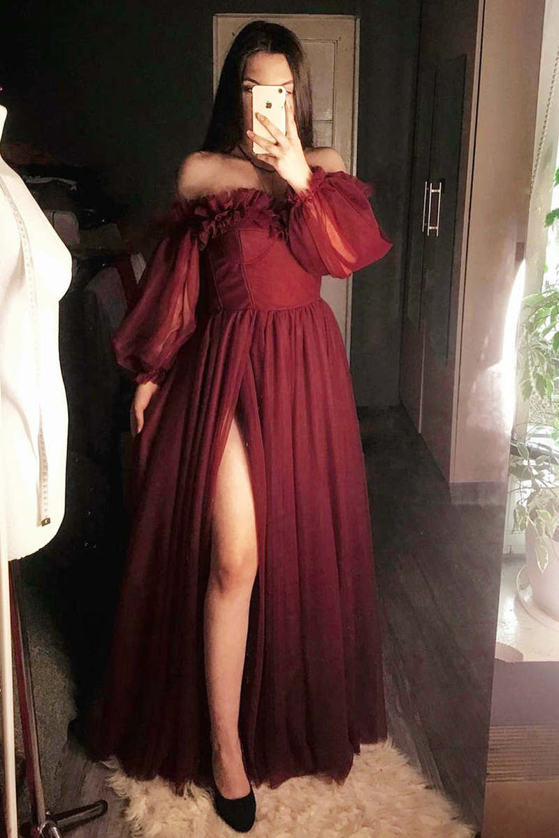princess off the shoulder burundy tulle formal dress