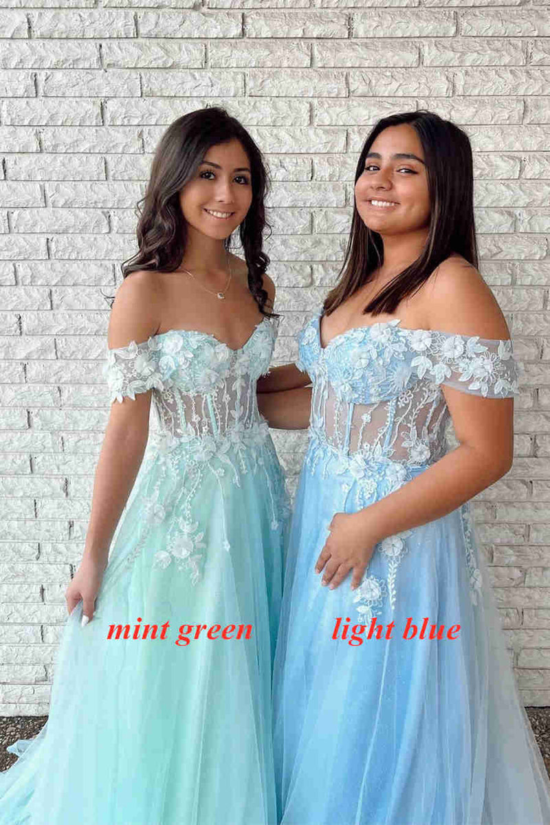 mint green off the shoulder a line formal dress with appliques