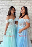 mint green off the shoulder a line formal dress with appliques