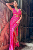 V-Neck Cut Out Hot Pink Sequined Prom Dress with Slit, Backless Evening Gown GP399