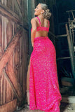 v neck cut out hot pink sequined prom dress with slit backless evening gown