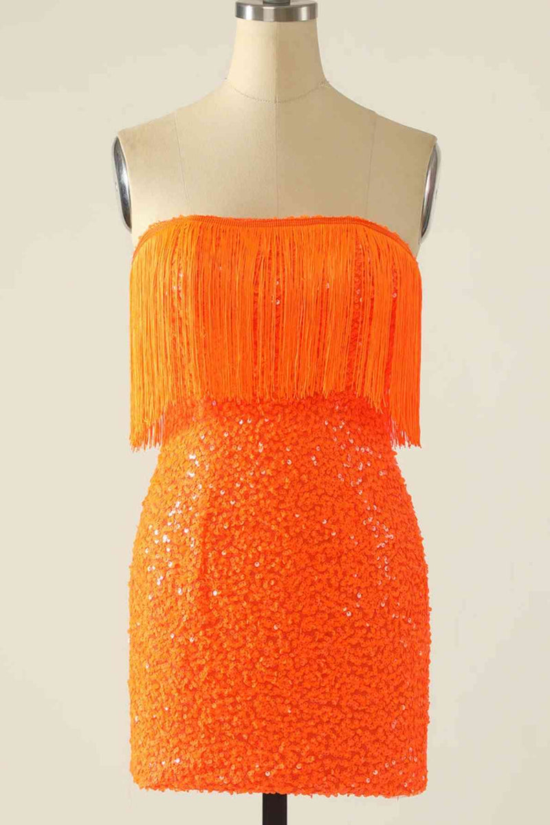 fitted strapless orange sequins homecoming dress with tassel