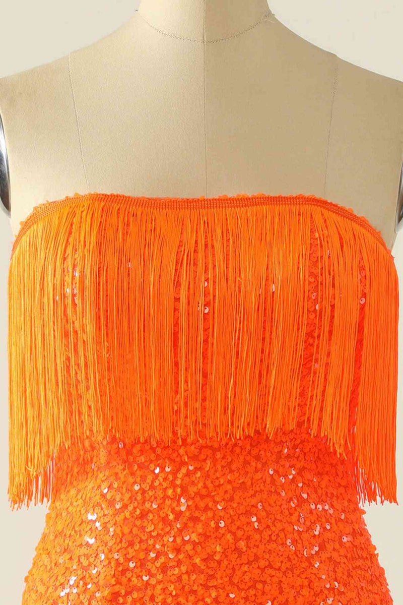 fitted strapless orange sequins homecoming dress with tassel