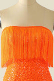 fitted strapless orange sequins homecoming dress with tassel