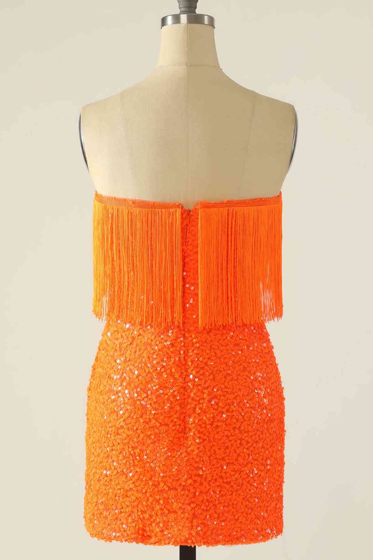 fitted strapless orange sequins homecoming dress with tassel