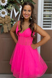 new short a line v neck hot pink tulle homecoming dresses