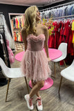 sweetheart pink glitter grid short homecoming dress with feathers