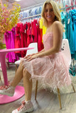 sweetheart pink glitter grid short homecoming dress with feathers