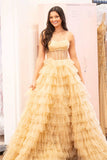 strapless pink layered tulle long formal dress with sequins