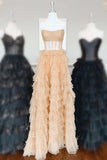 strapless pink layered tulle long formal dress with sequins