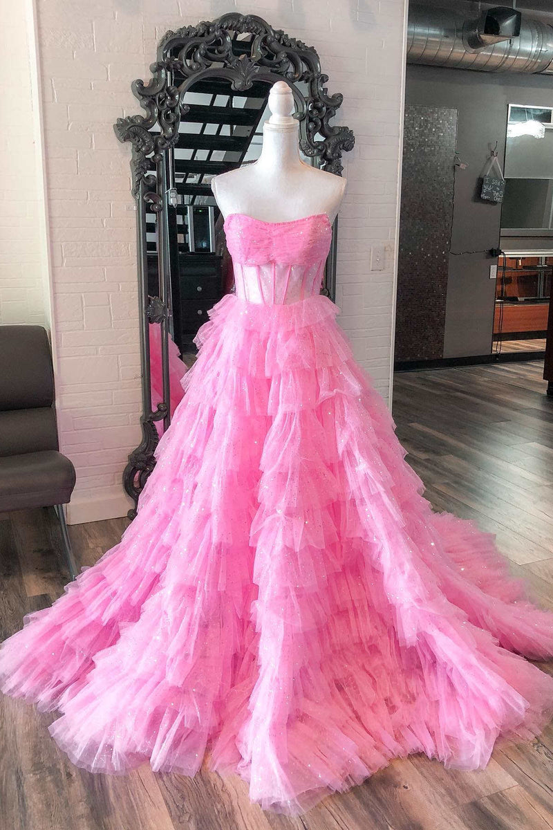 strapless pink layered tulle long formal dress with sequins