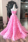 strapless pink layered tulle long formal dress with sequins