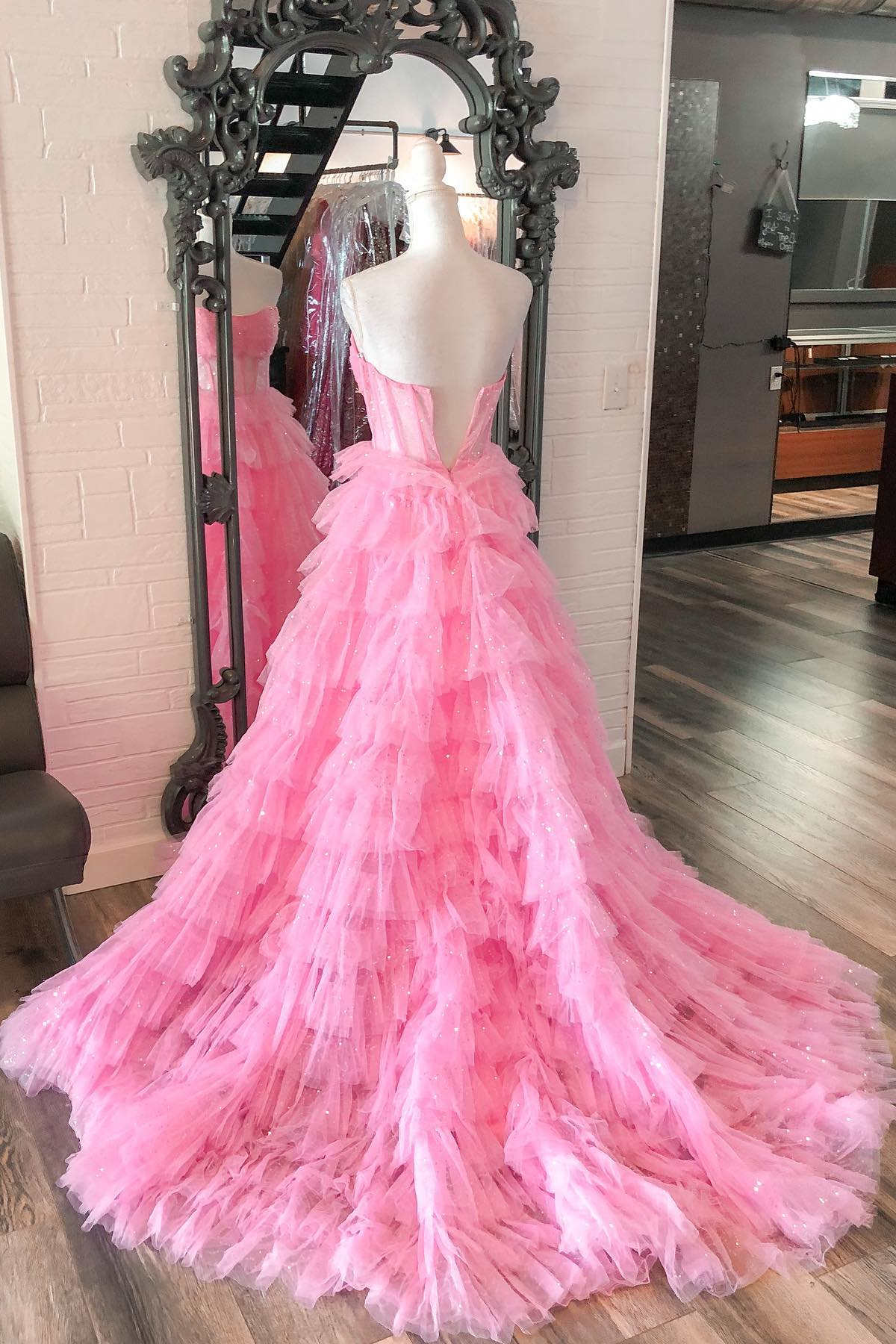 strapless pink layered tulle long formal dress with sequins