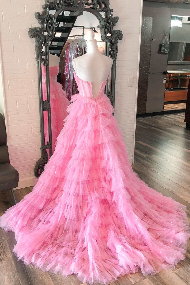 strapless pink layered tulle long formal dress with sequins