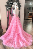 strapless pink layered tulle long formal dress with sequins