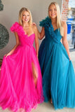 Princess One Shoulder Ruffled Tulle Prom Dresses Slit Long Formal Gown GP551
