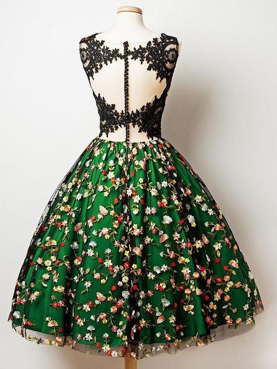 short prom dress with floral appliques green homecoming dress