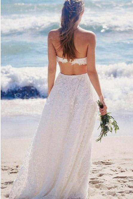 flowy strapless boho wedding dress backless two piece lace wedding dress