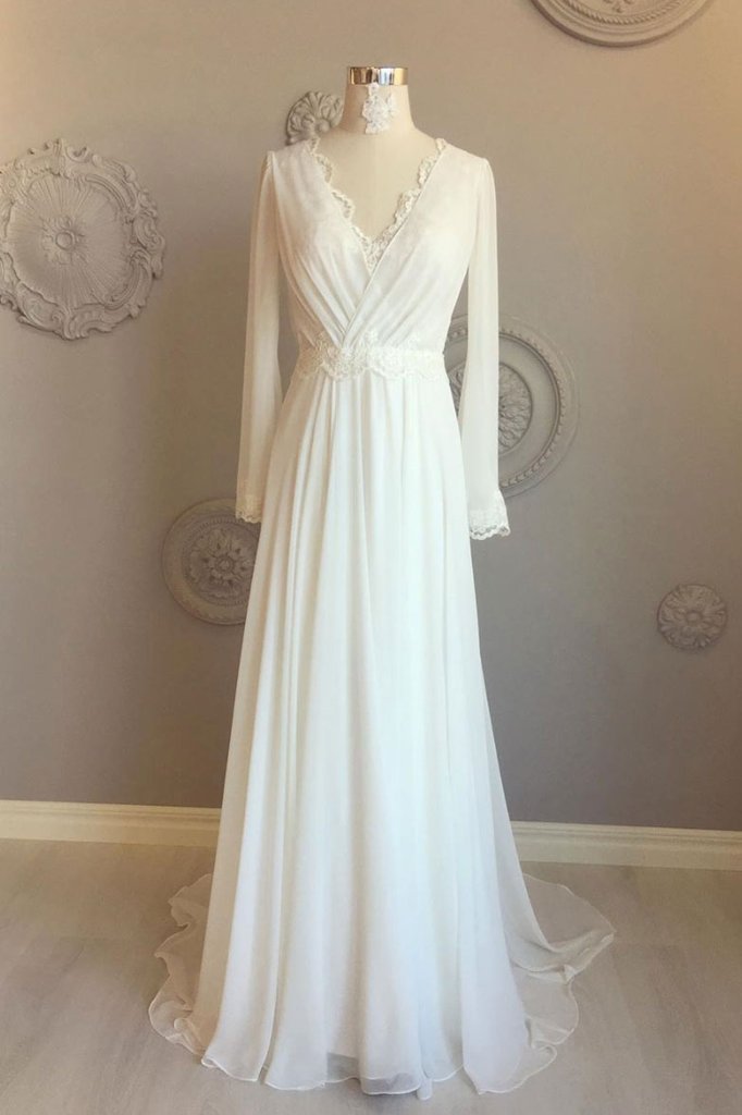 flowy chiffon v neck backless long sleeves beach wedding dress