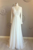Flowy Chiffon V-neck Backless Long Sleeves Beach Wedding Dress PW239