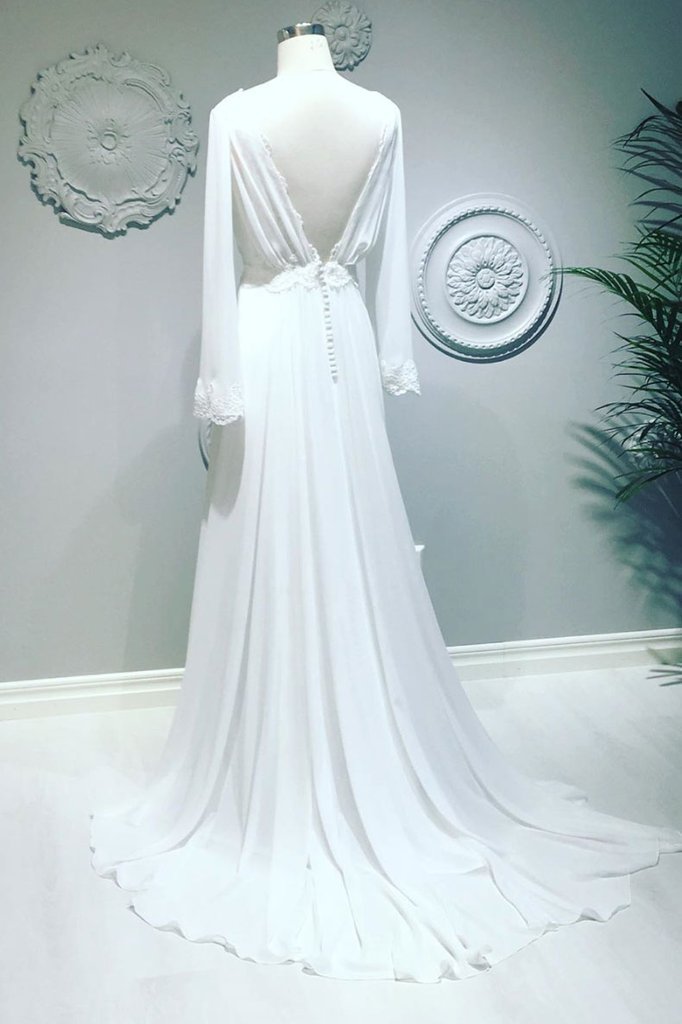 flowy chiffon v neck backless long sleeves beach wedding dress
