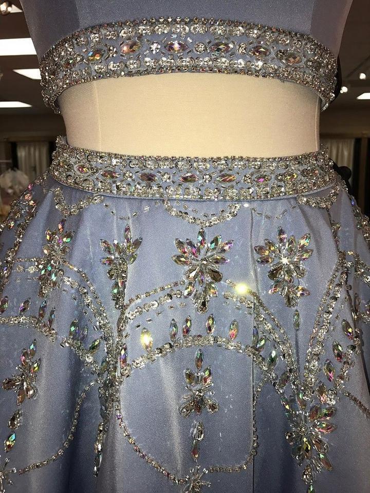 unique two pieces short party dress blue homecoming dresses with rhinestone