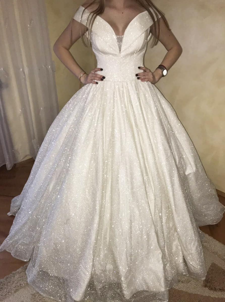 glitter off the shoulder princess ball gown wedding dress