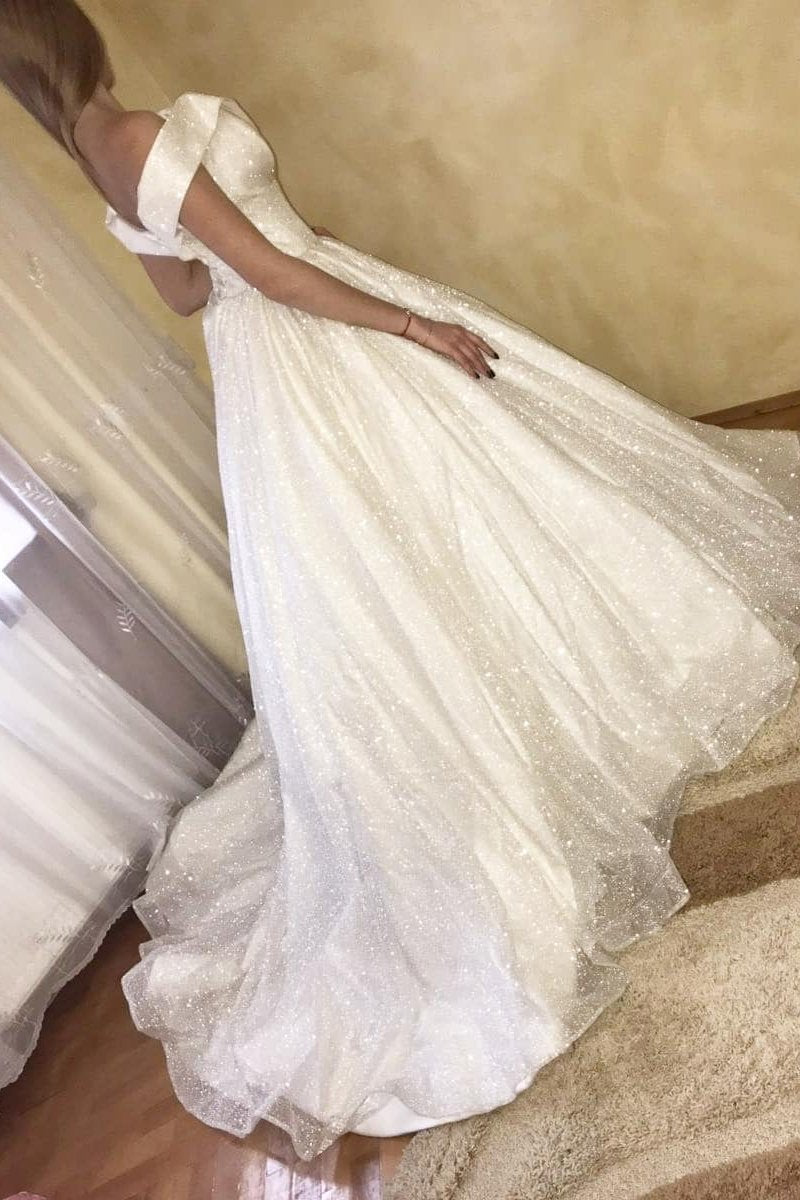 glitter off the shoulder princess ball gown wedding dress