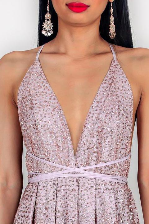 glitter spaghetti straps rose gold backless prom evening dress with split