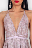 glitter spaghetti straps rose gold backless prom evening dress with split