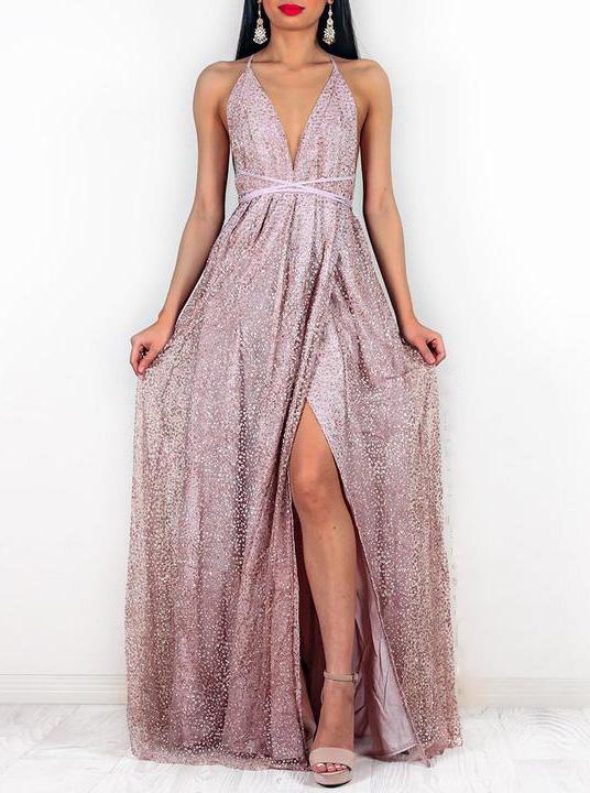 glitter spaghetti straps rose gold backless prom evening dress with split