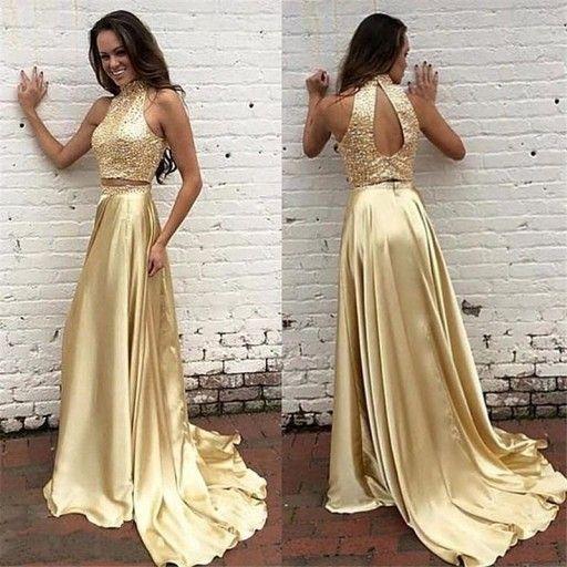 gold open back two piece prom dress a line satin formal gown
