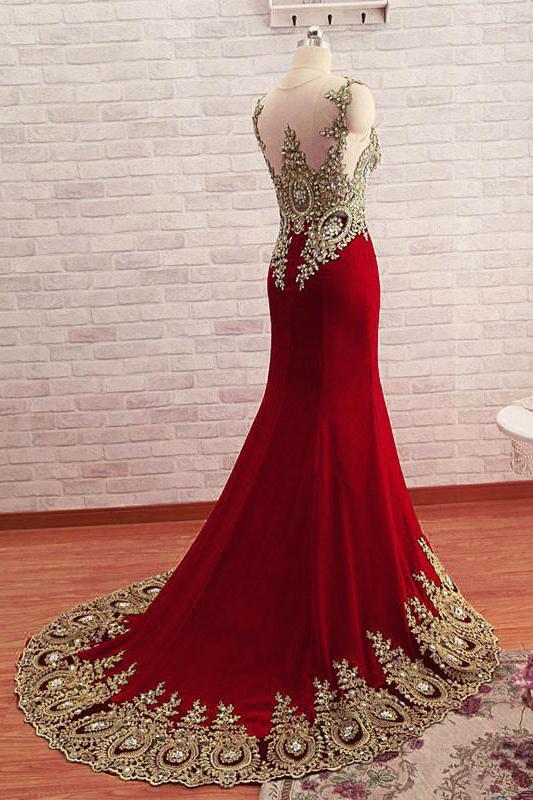 gold beaded appliques mermaid burgundy long prom formal dress
