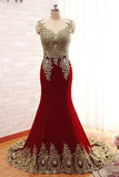 Gold Beaded Appliques Mermaid Burgundy Long Prom Formal Dress MP710
