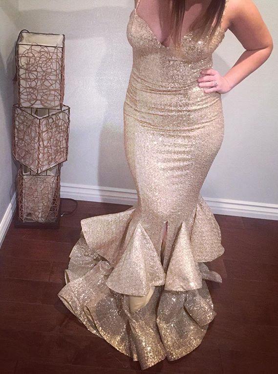 gold sequins prom dress straps sweetheart mermaid layered formal gown