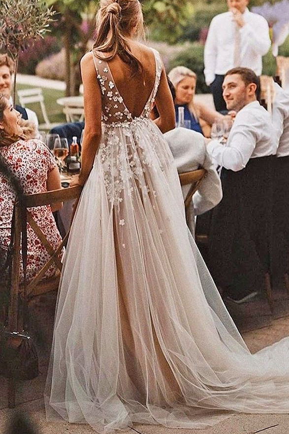 gorgeous a line v neck rustic wedding dresses with lace appliques