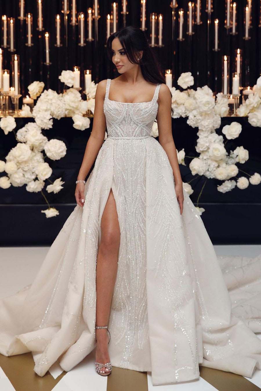 gorgeous beaded straps a line chapel train wedding dresses sparkly backless wedding dress