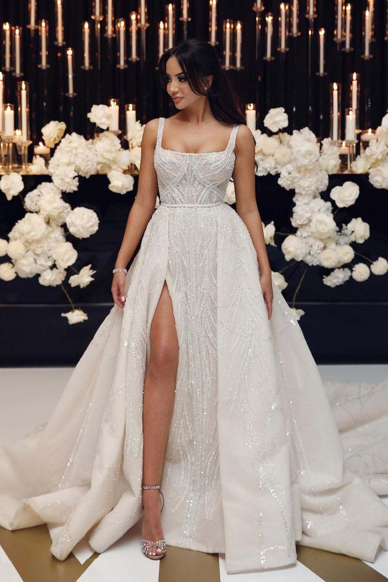 gorgeous beaded straps a line chapel train wedding dresses sparkly backless wedding dress