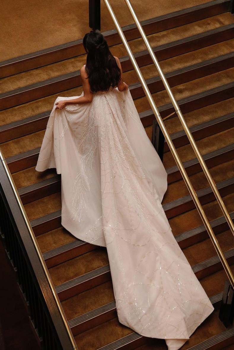 gorgeous beaded straps a line chapel train wedding dresses sparkly backless wedding dress