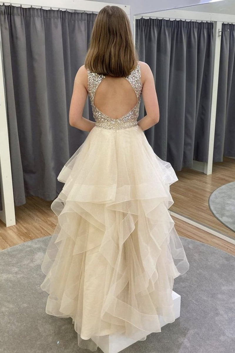 gorgeous open back beaded fluffy long prom dress graduation gown