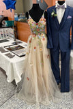 gorgeous v neck lace 3d floral long prom dress tulle formal evening dress with embroidery