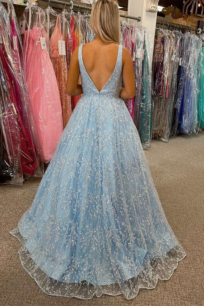 gorgeous v neck light blue lace prom dress with pocket long formal gown