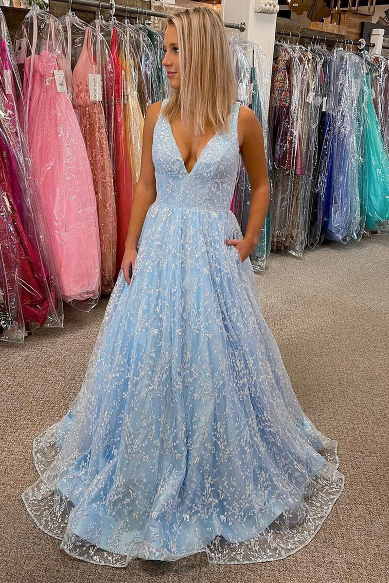 gorgeous v neck light blue lace prom dress with pocket long formal gown