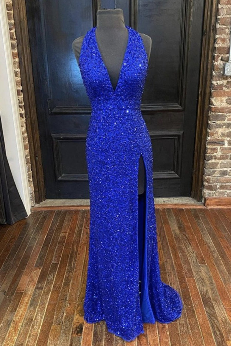 gorgeous detachable train mermaid royal blue sequins prom formal dress