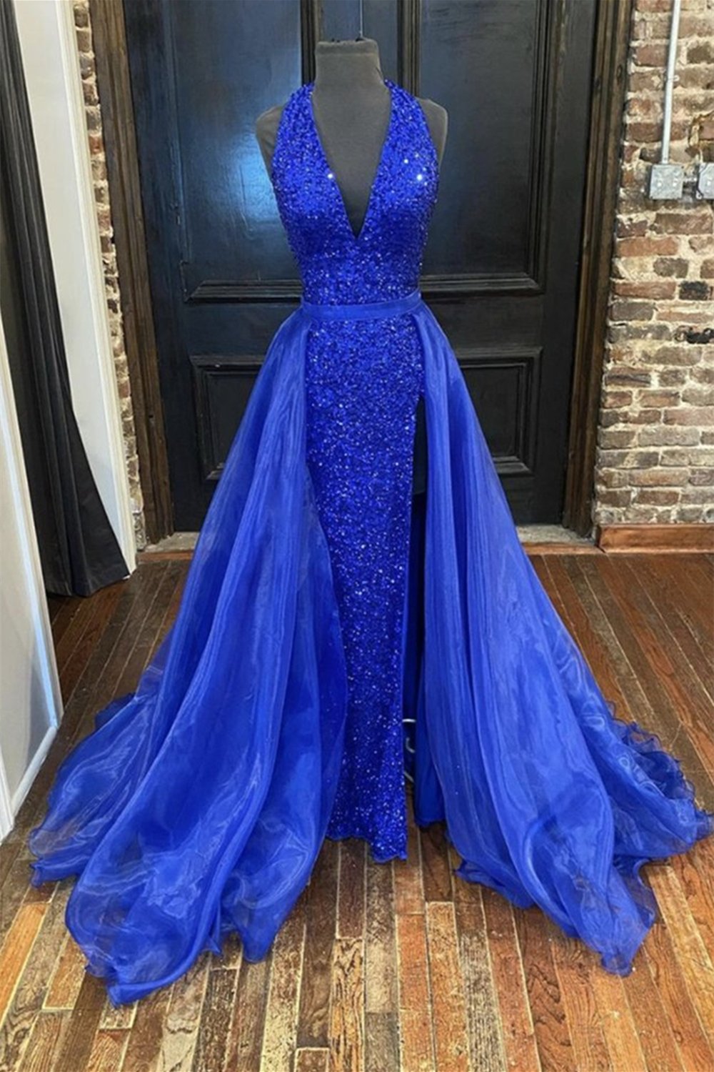 gorgeous detachable train mermaid royal blue sequins prom formal dress